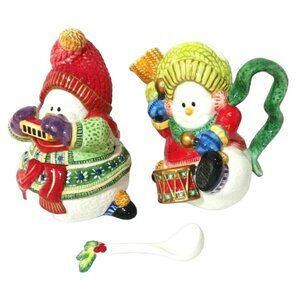 Vtg 2000s Fitz and Floyd Classics Snowman Jamboree Sugar and Creamer with Spoon